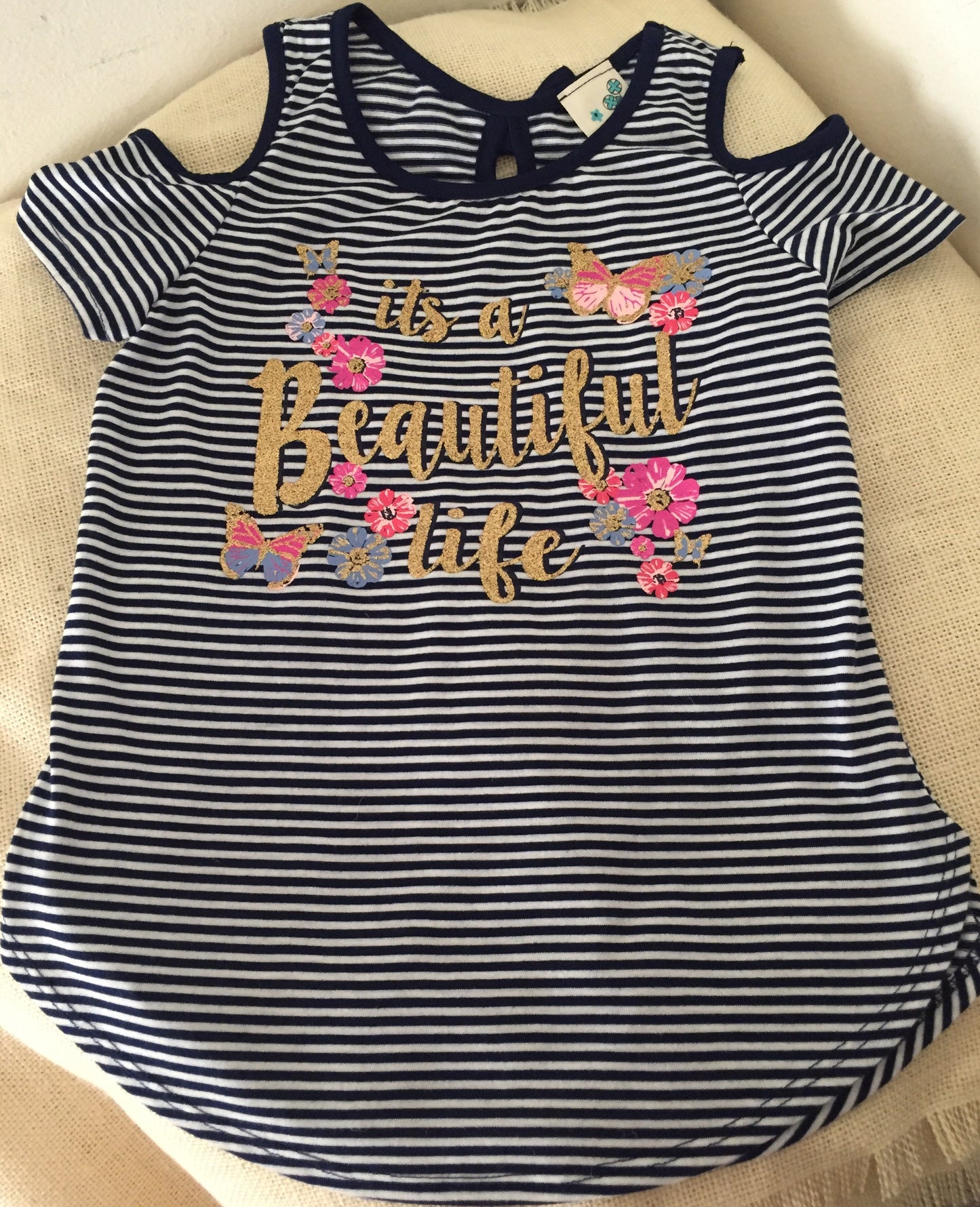 Girls Striped Cold Shoulder "It’s a Beautiful Life" Shirt